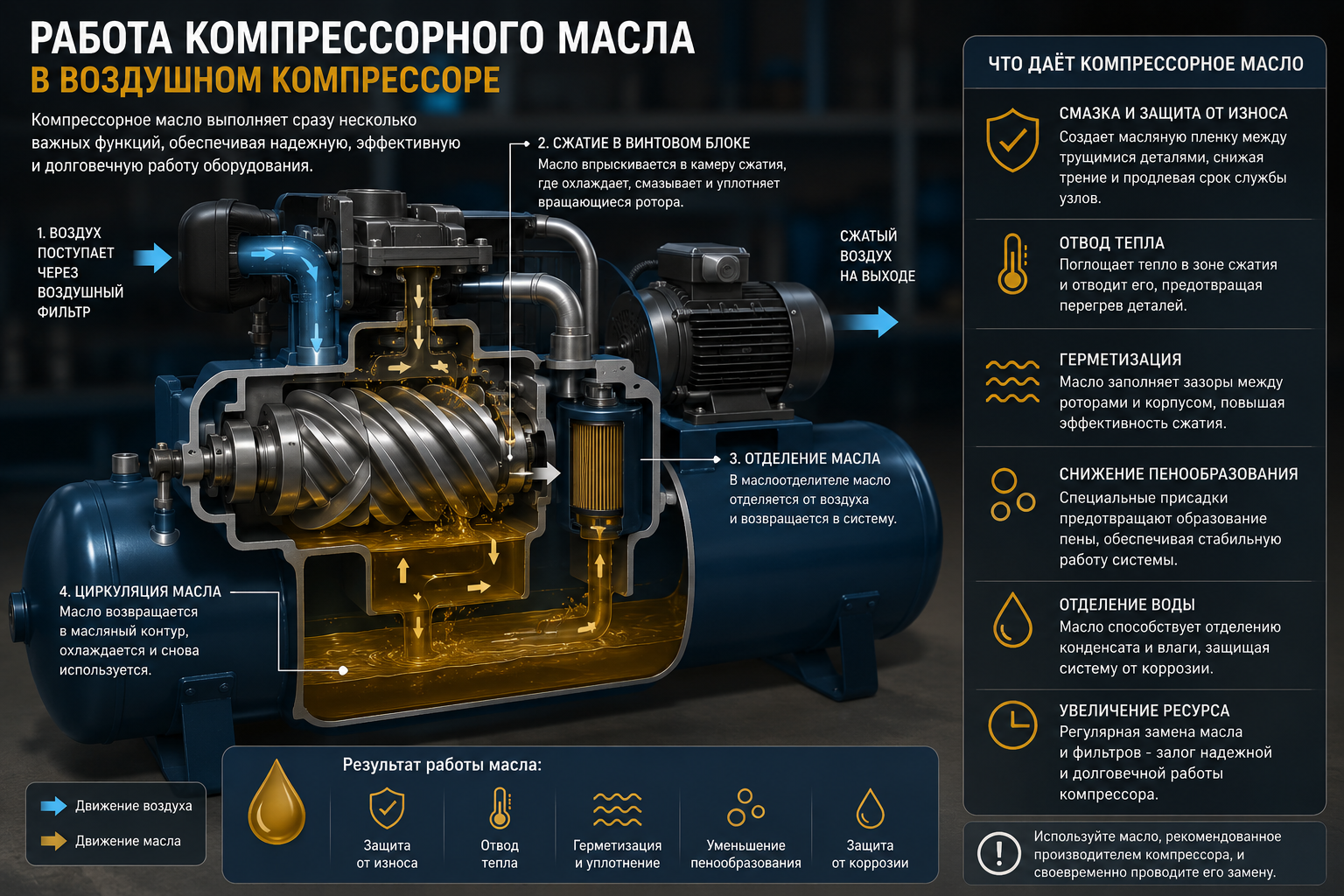 Работа компрессорного масла в воздушном компрессоре