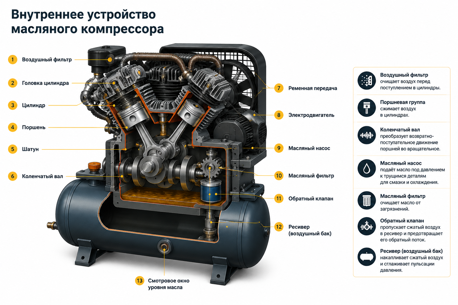 Внутреннее устройство масляного компрессора