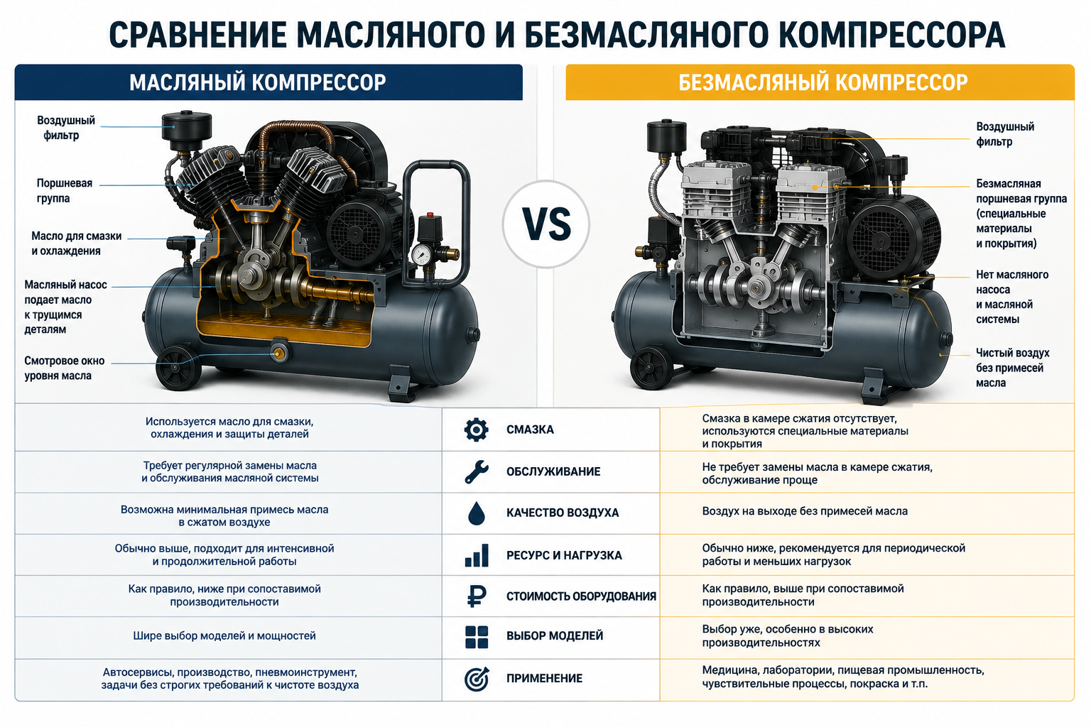 Сравнение масляного и безмасляного компрессора